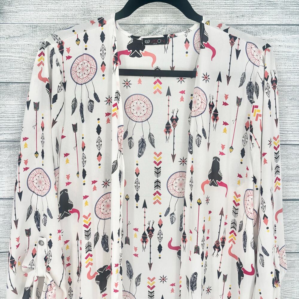 Vision Boho Dreamcatcher Arrow Bull Kimono Open Front Long Cardigan Size M - Picture 3 of 5